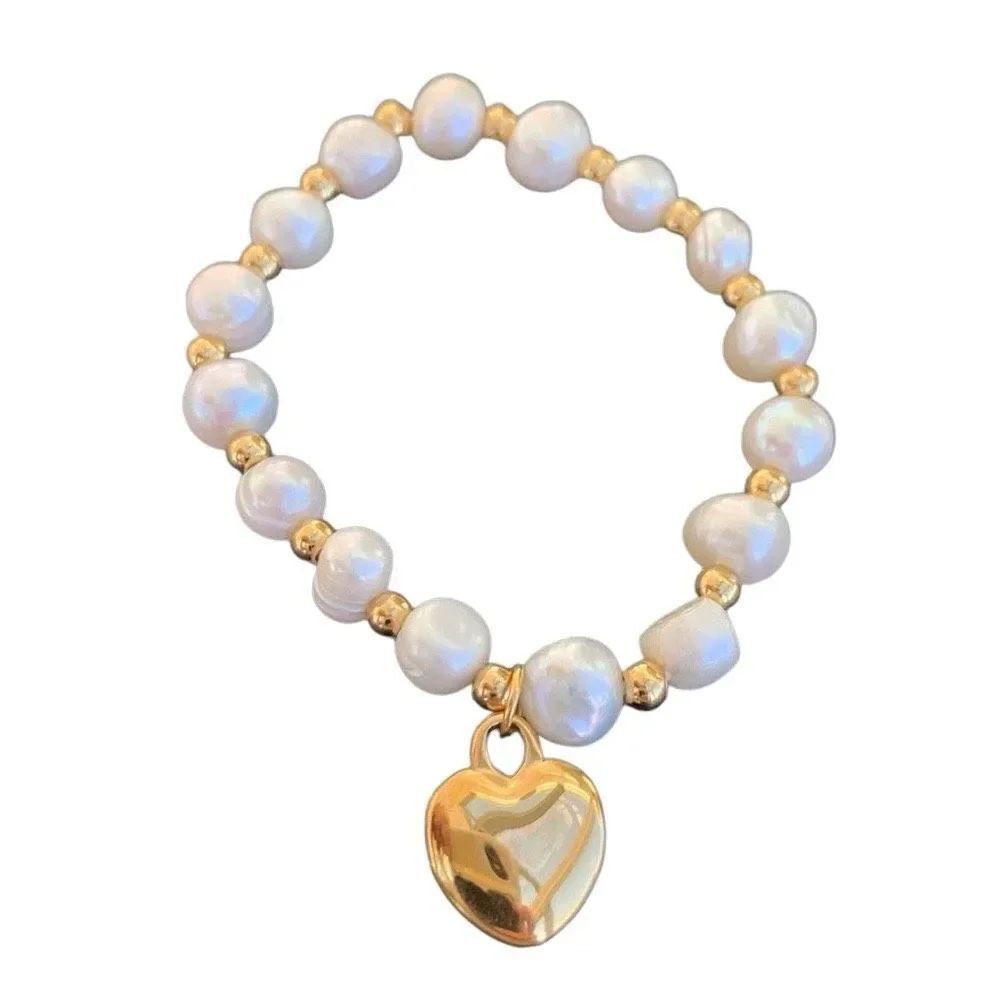 Genuine Freshwater Pearl Bracelet, Golden Heart Charm